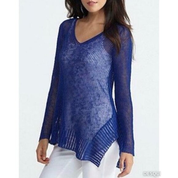 Eileen Fisher Petite Airy Asymmetrical Linen Blend Rib Tunic Top Coastal Small - Picture 1 of 8